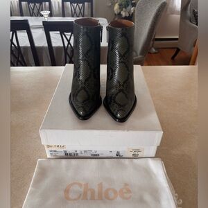 Chloe Dark Green Snake Print Ankle Boots